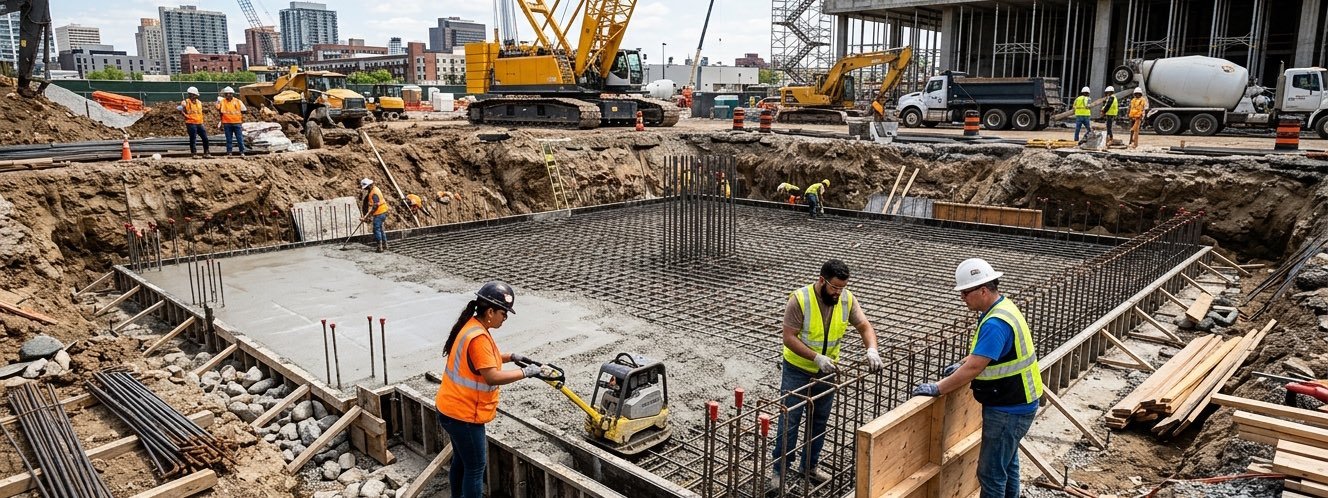 A crew in hi-vis vests tying rebar and setting forms for a poured concrete foundation, with a crane and concrete truck on the jobsite behind them.